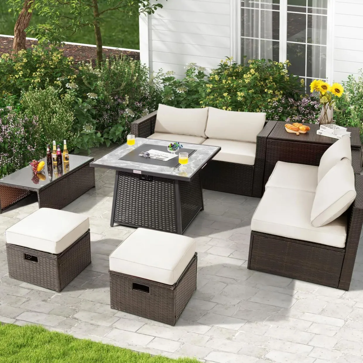 Tangkula 9 Pieces Outdoor Patio Furniture Set with 35-Inch Propane Fire Pit Table