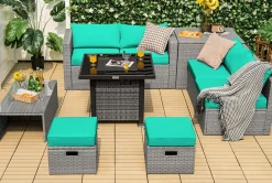 Tangkula 9 Pieces Outdoor Patio Furniture Set with 32-Inch Propane Fire Pit Table