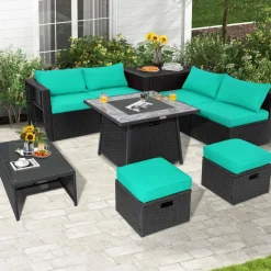 Tangkula 9 Pieces Outdoor PE Rattan Sectional Sofa with 35-Inch Gas Fire Pit Table