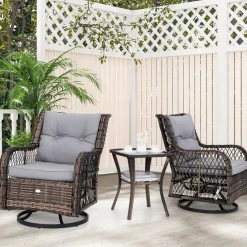 Tangkula 3 Pieces Outdoor Swivel Rocker Set, Rattan Wicker Patio Rocking Cushioned Chairs Set of 2 with Small Side Table