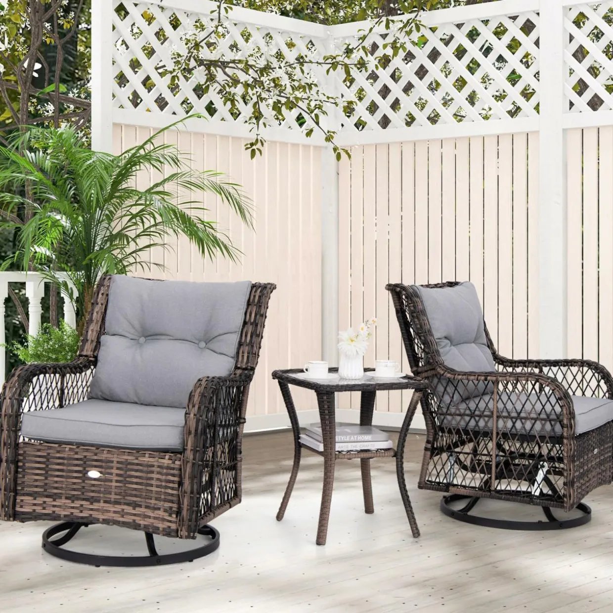 Tangkula 3 Pieces Outdoor Swivel Rocker Set, Rattan Wicker Patio Rocking Cushioned Chairs Set of 2 with Small Side Table