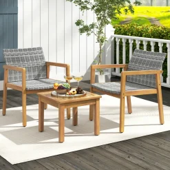 Tangkula 3 Pieces Outdoor Furniture Set, Acacia Wood Frame Sofa Set w/Rattan Seat & Back