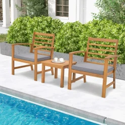 Tangkula 3 Pieces Outdoor Furniture Set, Acacia Wood Conversation Set with Soft Seat Cushions
