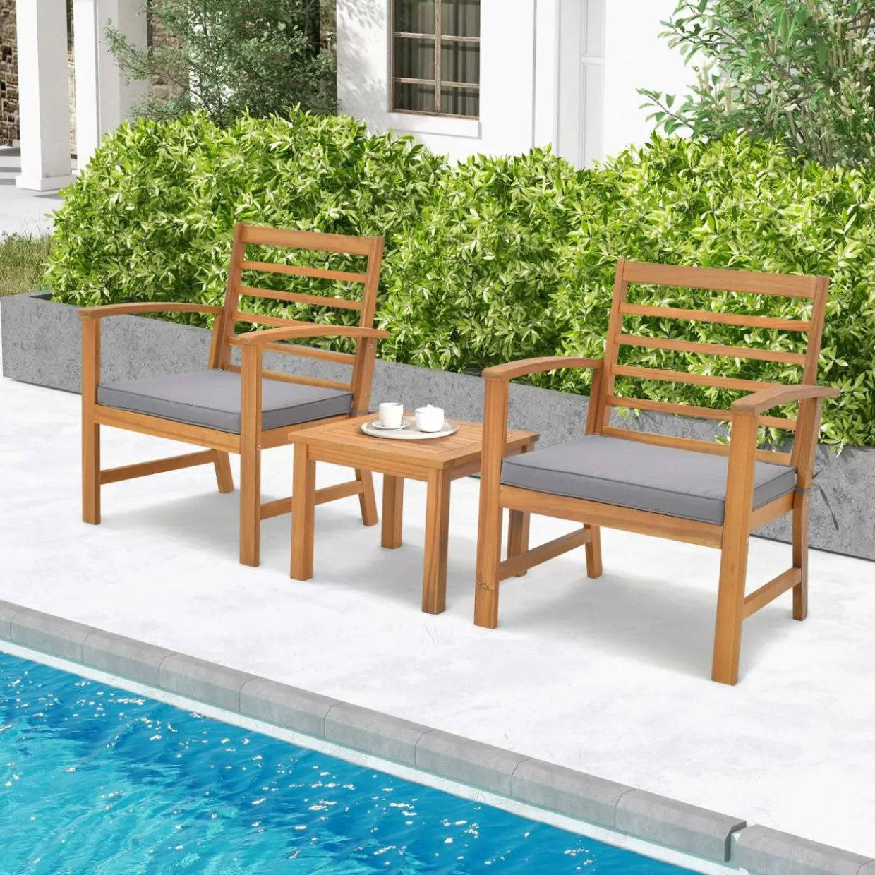Tangkula 3 Pieces Outdoor Furniture Set, Acacia Wood Conversation Set with Soft Seat Cushions