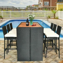 Tangkula 7 Pieces Outdoor Wicker Bar Set, Rattan Dining Set