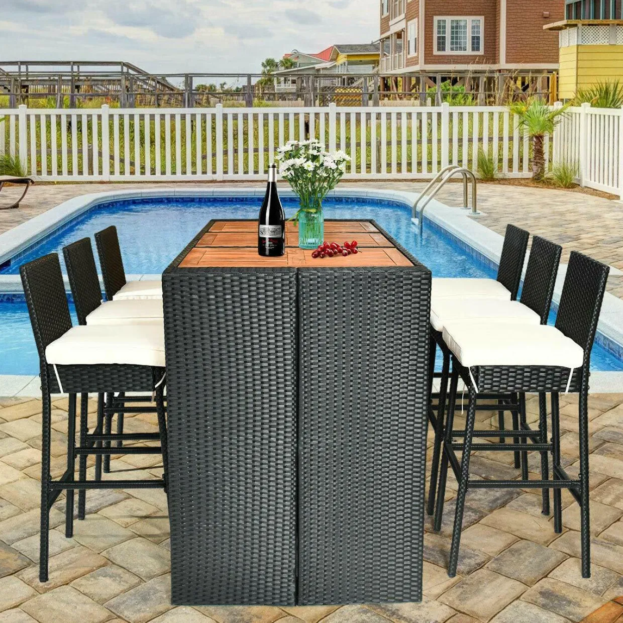 Tangkula 7 Pieces Outdoor Wicker Bar Set, Rattan Dining Set