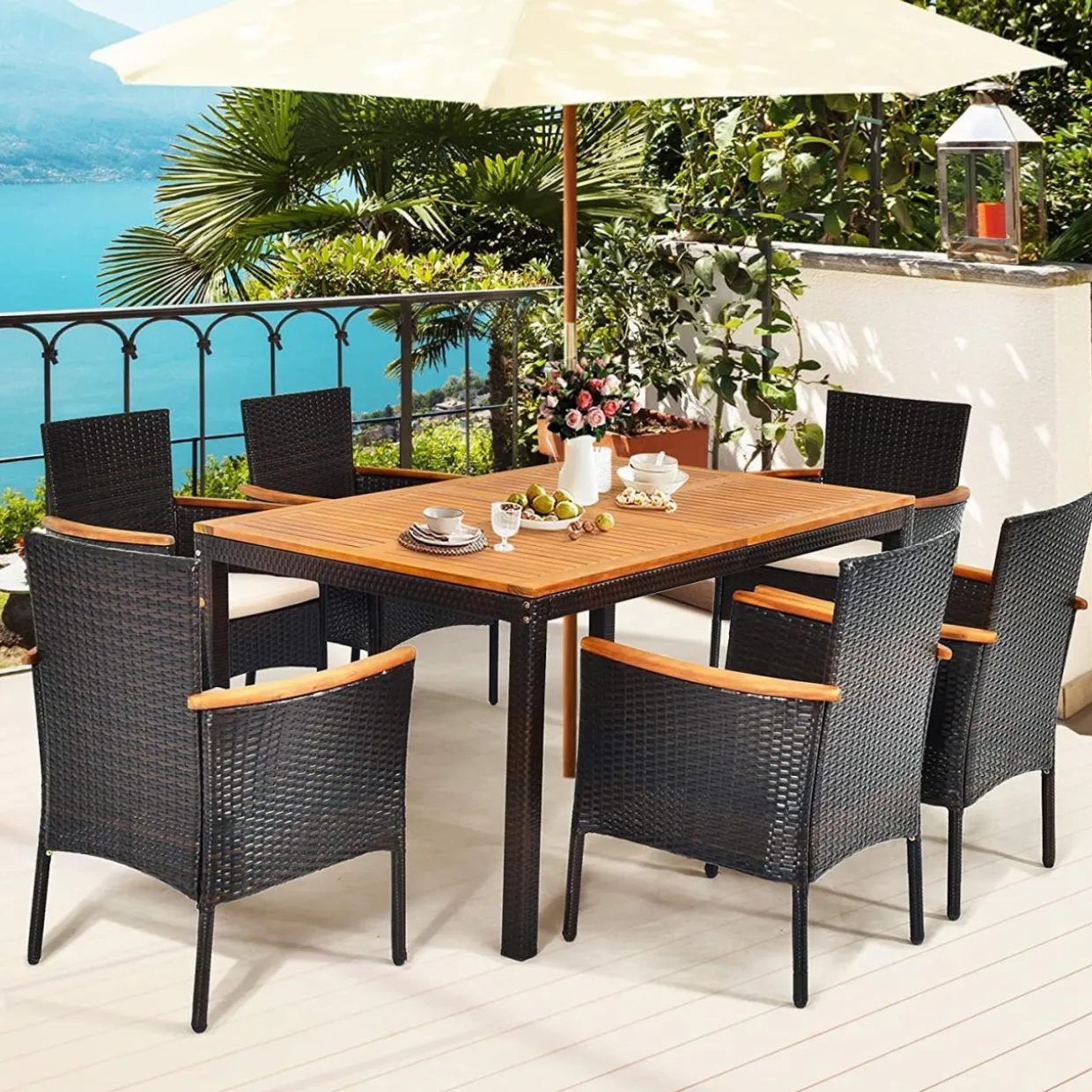 Tangkula 7 Pieces Outdoor Dining Set, Patiojoy Wicker Conversation Set
