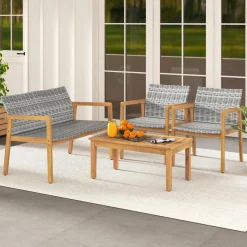 Tangkula 4 Pieces Outdoor Furniture Set, Acacia Wood Frame Sofa Set w/Rattan Seat & Back