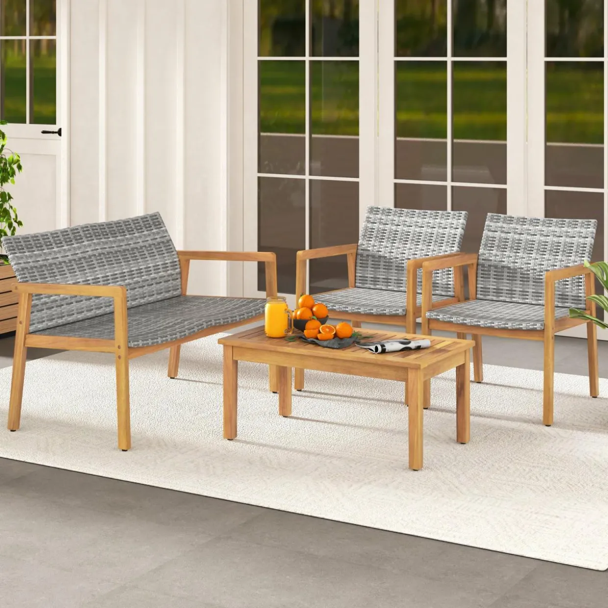 Tangkula 4 Pieces Outdoor Furniture Set, Acacia Wood Frame Sofa Set w/Rattan Seat & Back