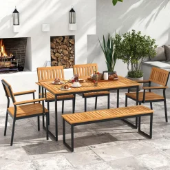Tangkula 6 Pieces Outdoor Acacia Wood Dining Set, Patio Table and Chairs Set with Bench for 6-7 People