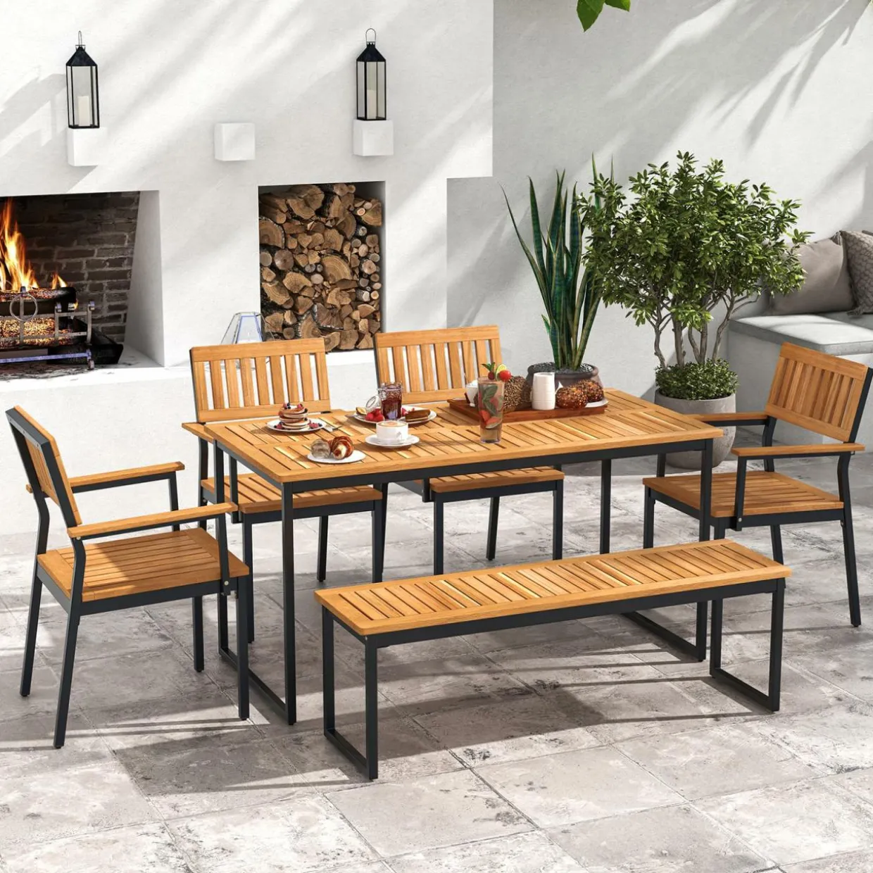Tangkula 6 Pieces Outdoor Acacia Wood Dining Set, Patio Table and Chairs Set with Bench for 6-7 People
