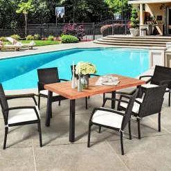 Tangkula 7 Pieces Outdoor Dining Set, Acacia Wood Patio Dining Table w/ 6 Cushioned Rattan Armrest Chairs