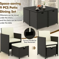 Tangkula 9 Pieces Outdoor Dining Furniture Set, Space-Saving Wicker Rattan Chairs & Tempered Glass Table with Ottomans
