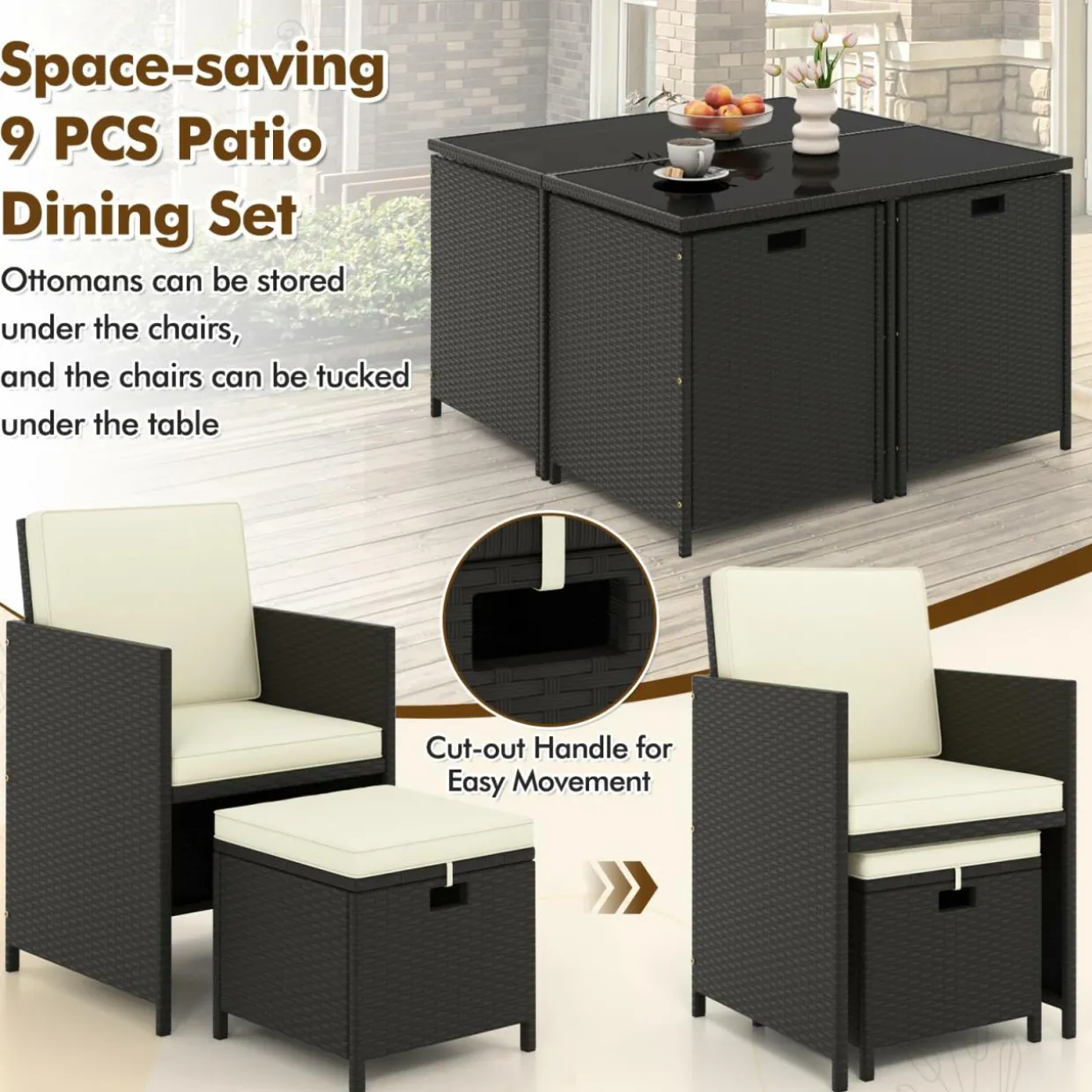 Tangkula 9 Pieces Outdoor Dining Furniture Set, Space-Saving Wicker Rattan Chairs & Tempered Glass Table with Ottomans