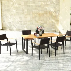 Tangkula 7 Pieces Outdoor Patio Dining Set, Patiojoy Outdoor Conversation Set, Includes Large Acacia Wood Top Table