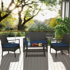 Tangkula 4 Pieces Outdoor Conversation Set, Patio PE Wicker Sofa with Tempered Glass Coffee Table