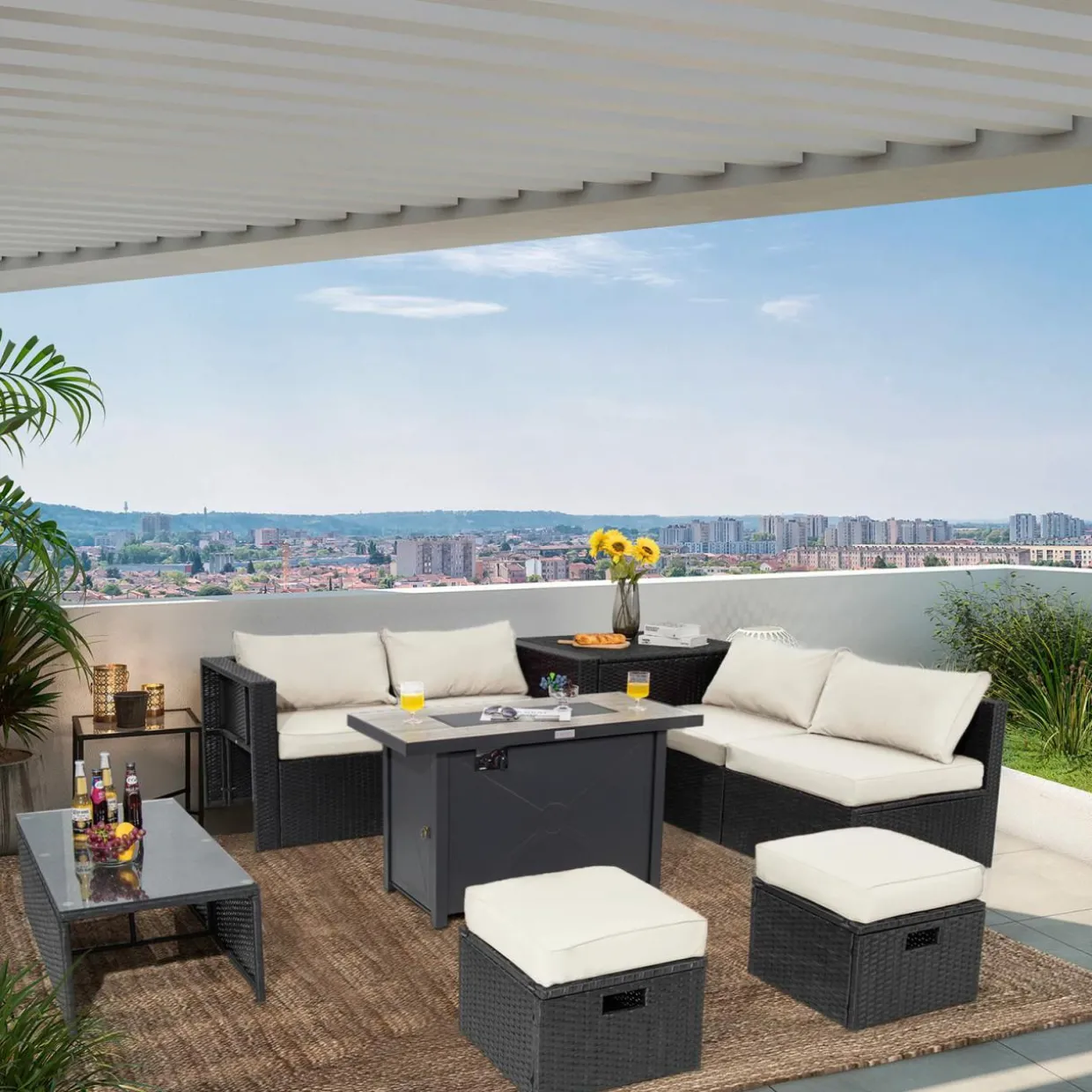 Tangkula 9 Pieces Outdoor Wicker Sectional Sofa with 42" 60,000 BTU Gas Fire Pit Table