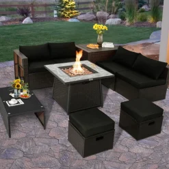 Tangkula 9 Pieces Outdoor Patio Furniture Set with 35-Inch Propane Fire Pit Table