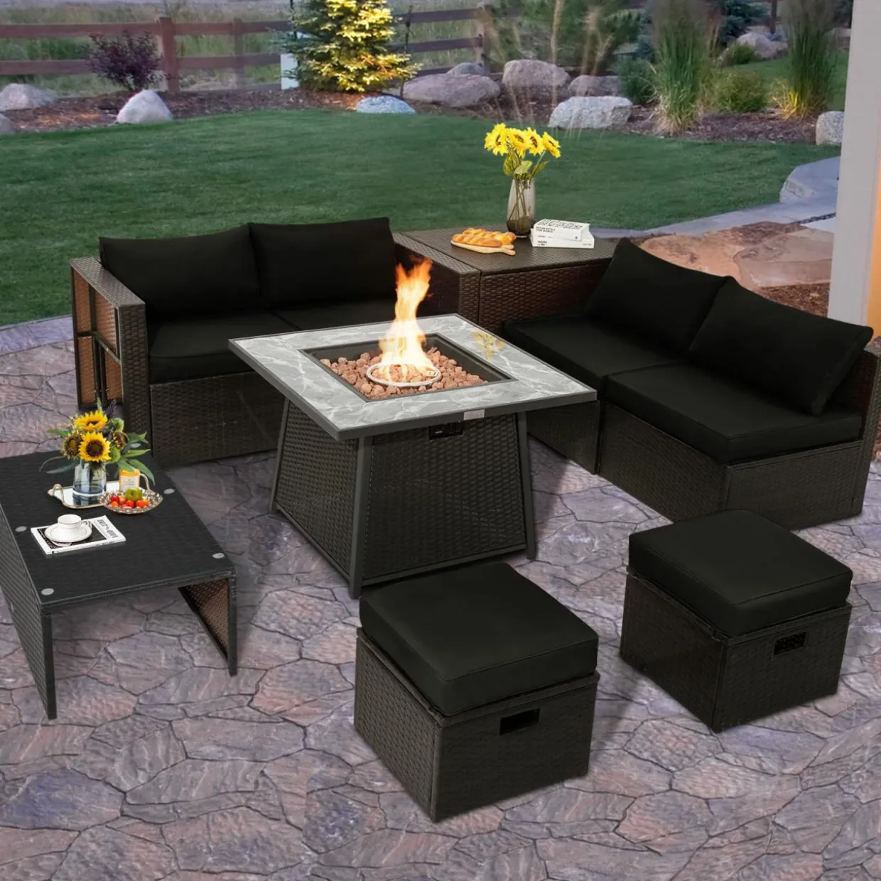 Tangkula 9 Pieces Outdoor Patio Furniture Set with 35-Inch Propane Fire Pit Table