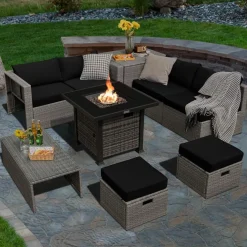 Tangkula 9 Pieces Outdoor Patio Furniture Set with 32-Inch Propane Fire Pit Table