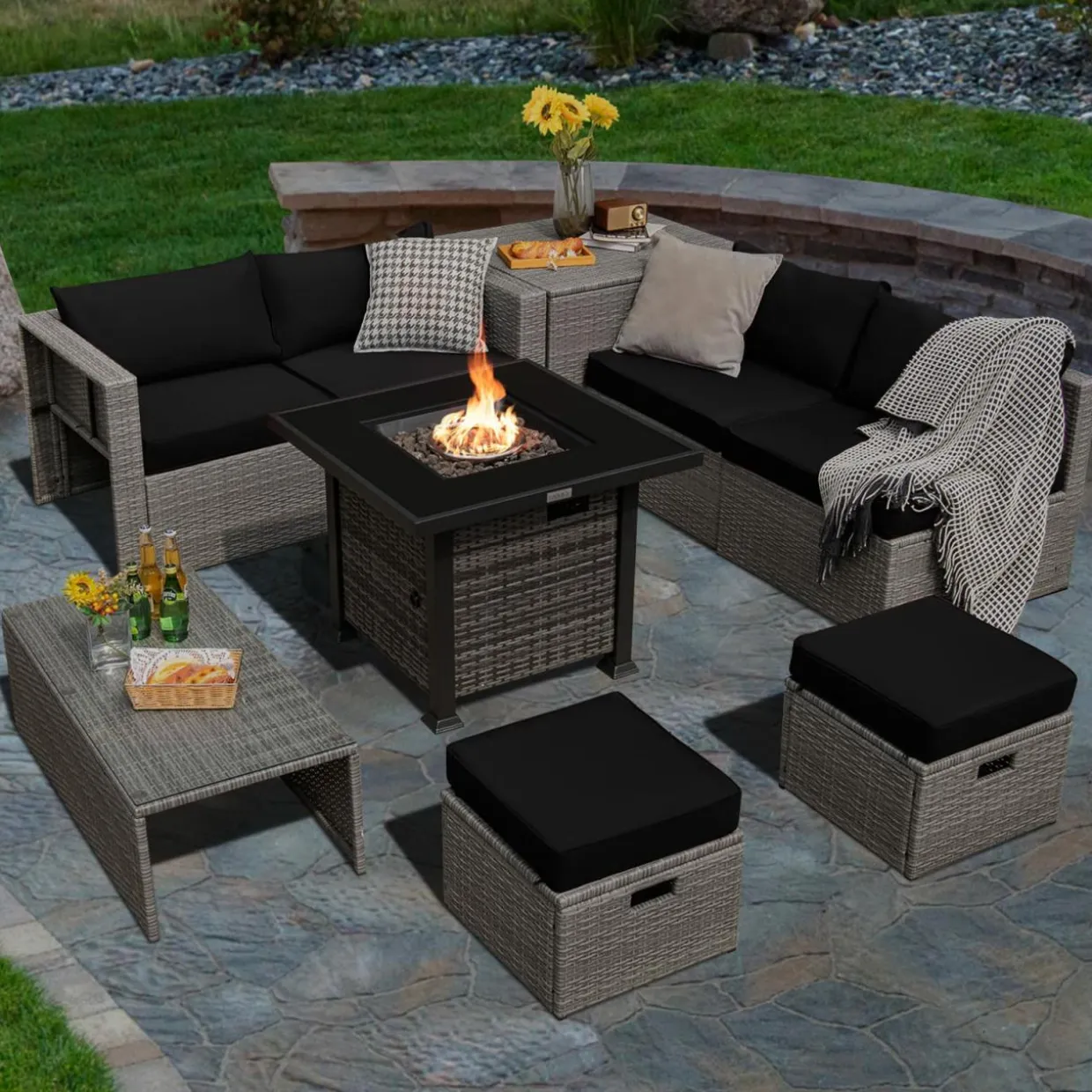 Tangkula 9 Pieces Outdoor Patio Furniture Set with 32-Inch Propane Fire Pit Table