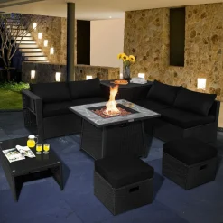 Tangkula 9 Pieces Outdoor PE Rattan Sectional Sofa with 35-Inch Gas Fire Pit Table