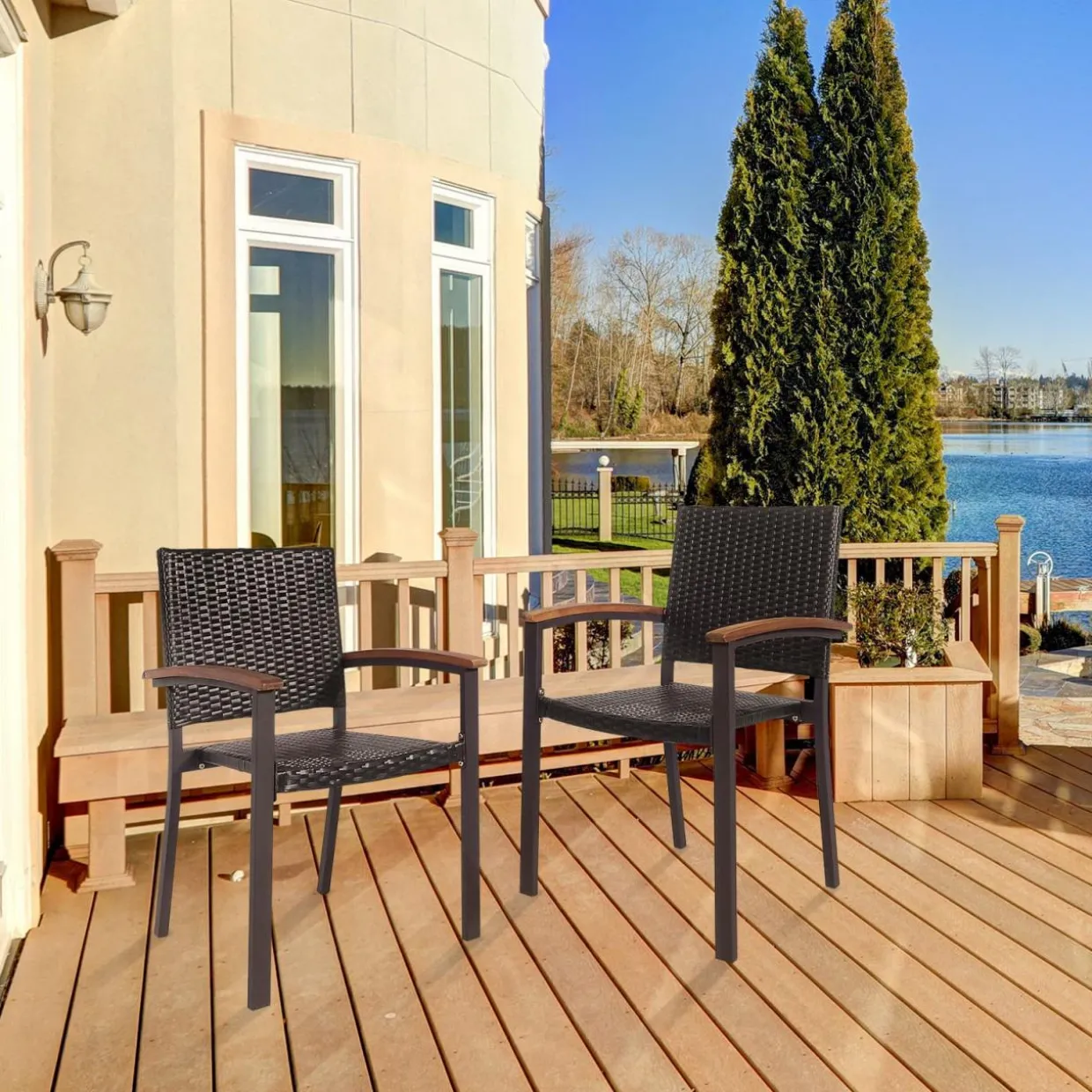 Tangkula 2 Pieces Outdoor PE Wicker Stackable Chairs