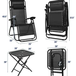 Tangkula 3 Pieces Outdoor Zero Gravity Chair Set, Folding Reclining Lounge Chair with Adjustable Backrest
