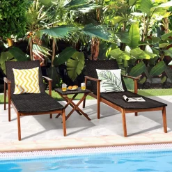 Tangkula 3 Pieces Outdoor Chaise Set, Wicker Rattan Lounge Chair w/Acacia Wood Frame & 4 Adjustable Positions