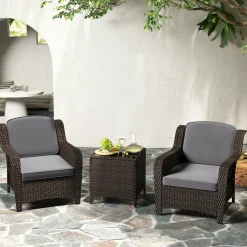 Tangkula 3 Pieces Outdoor Patio Furniture Set, Patiojoy PE Rattan Wicker Chairs with Cushions and Tempered Glass Coffee Table