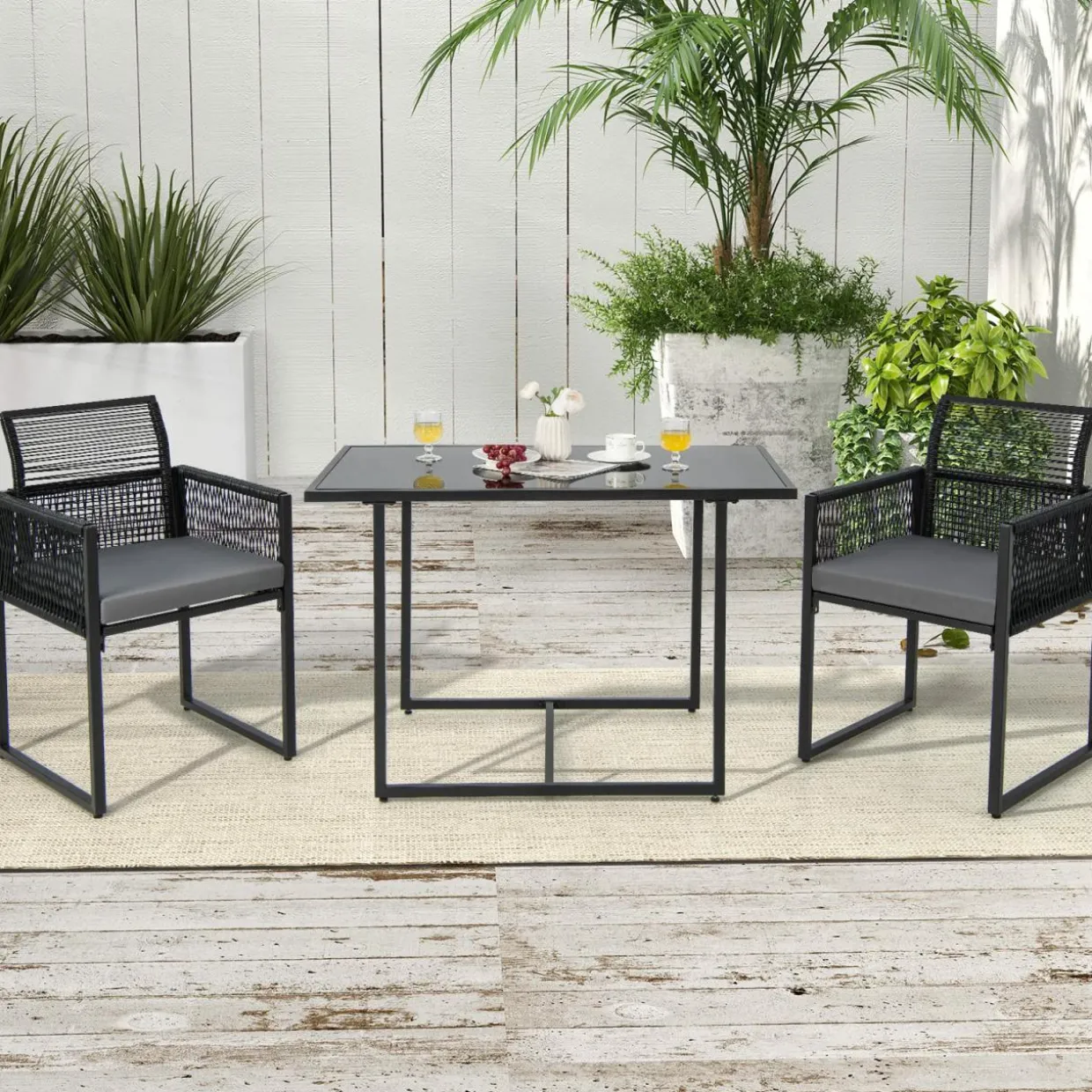 Tangkula 3 Pieces Outdoor Dining Set, Patio PE Rattan Furniture Set