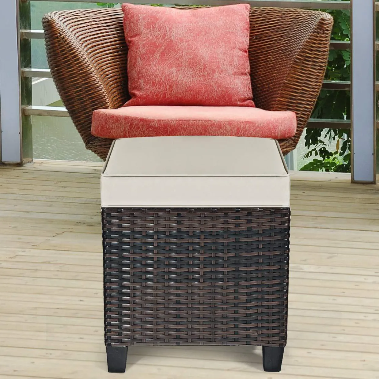 Tangkula 2 Pieces Outdoor Patio Ottoman, All Weather Rattan Wicker Ottoman Seat