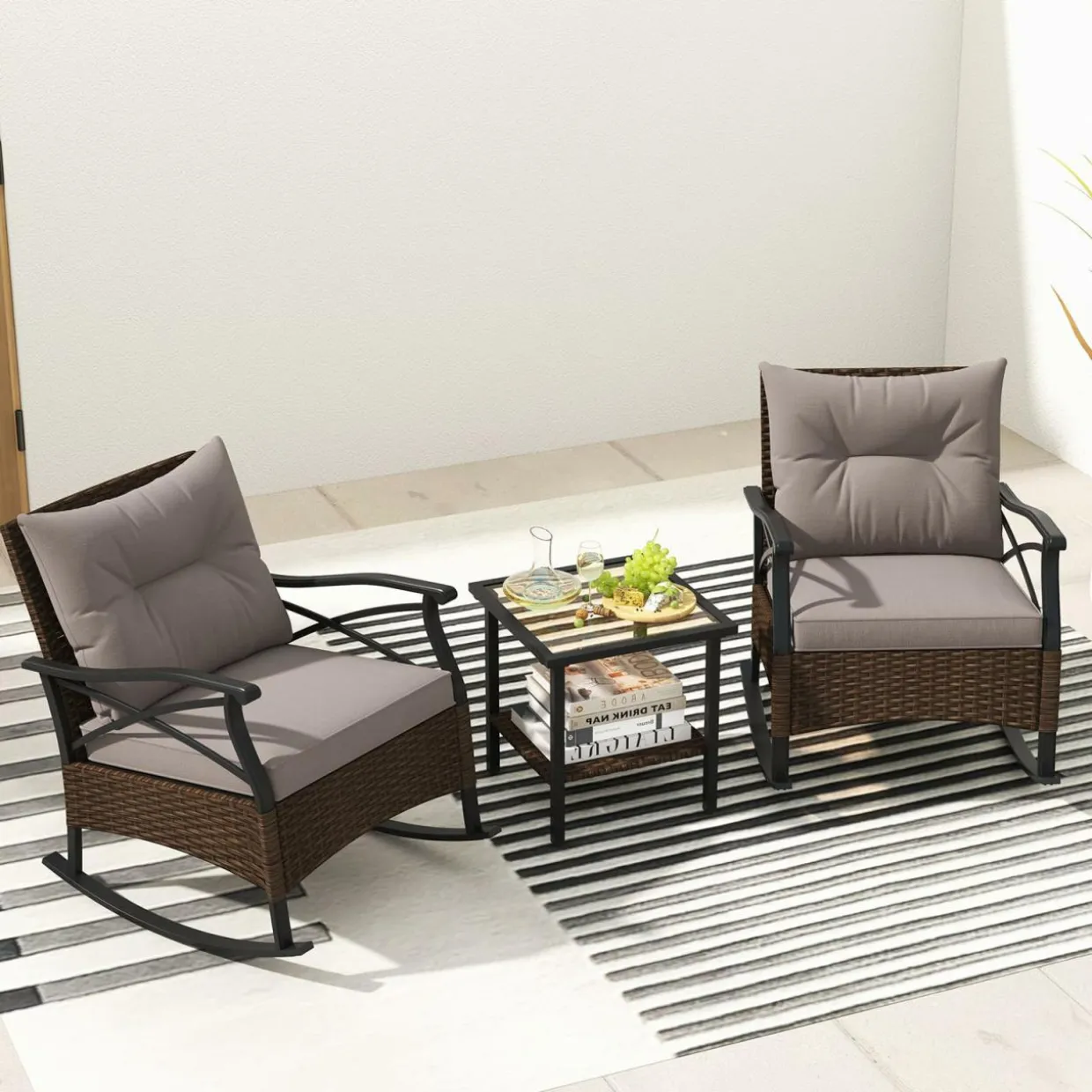 Tangkula 3 Pieces Outdoor Rocking Chairs Set, Rattan Heavy Duty Cushioned Rocker Chairs with 2-Tier Tempered Glass Coffee Table