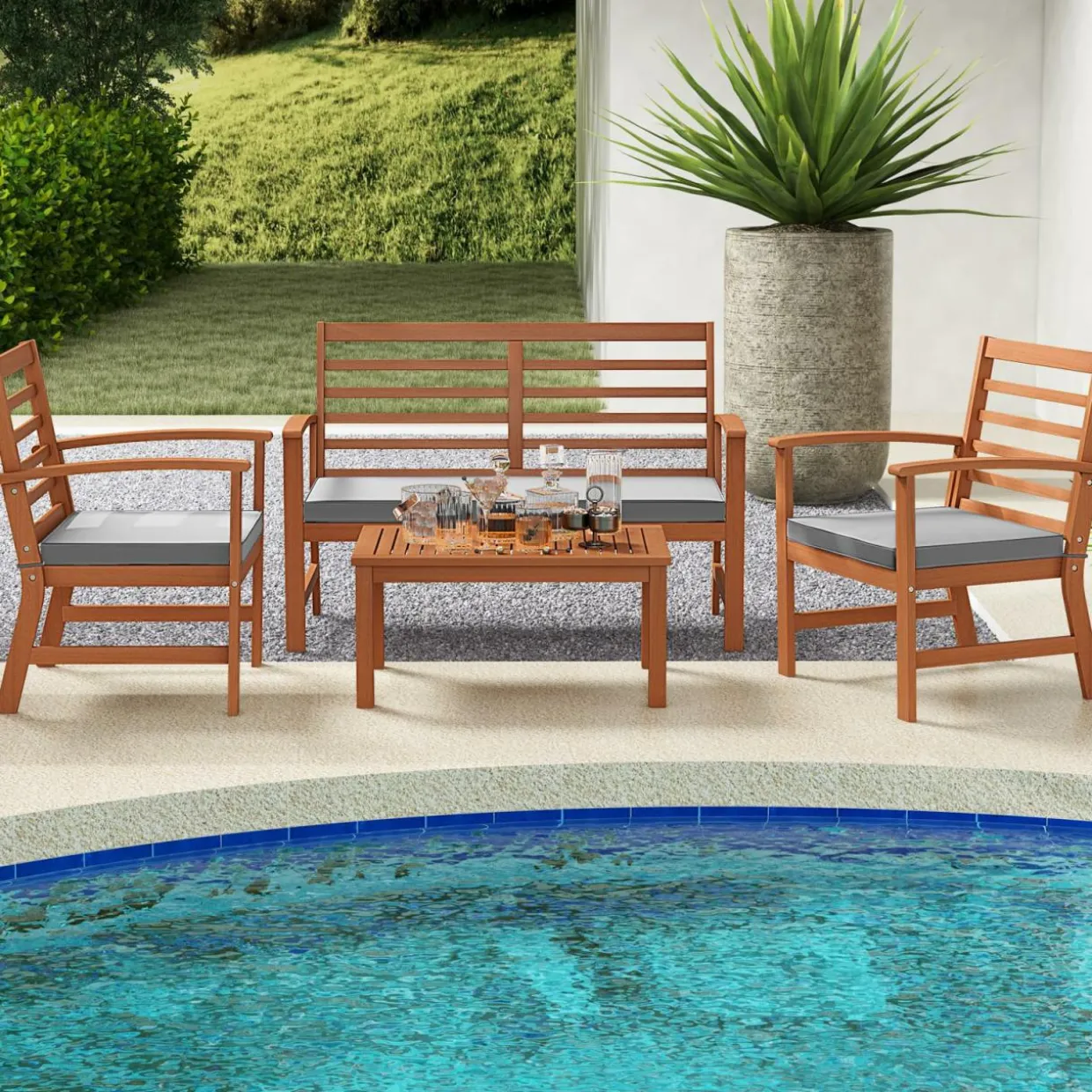 Tangkula 4 Pieces Outdoor Furniture Set, Acacia Wood Conversation Set w/Soft Seat Cushions