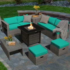 Tangkula 9 Pieces Outdoor Patio Furniture Set with 32-Inch Propane Fire Pit Table