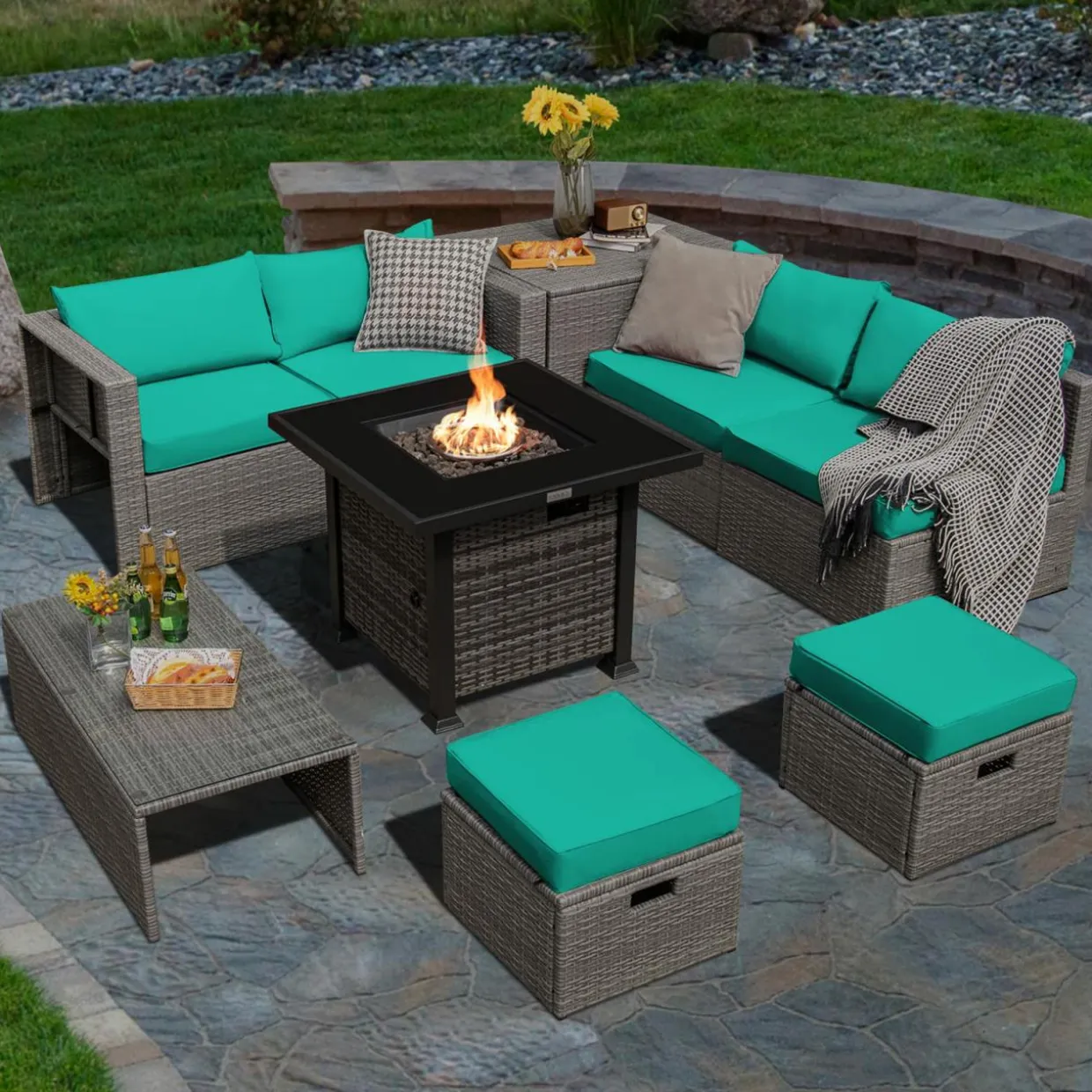 Tangkula 9 Pieces Outdoor Patio Furniture Set with 32-Inch Propane Fire Pit Table