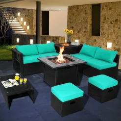 Tangkula 9 Pieces Outdoor PE Rattan Sectional Sofa with 35-Inch Gas Fire Pit Table
