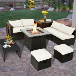 Tangkula 9 Pieces Outdoor Patio Furniture Set with 35-Inch Propane Fire Pit Table
