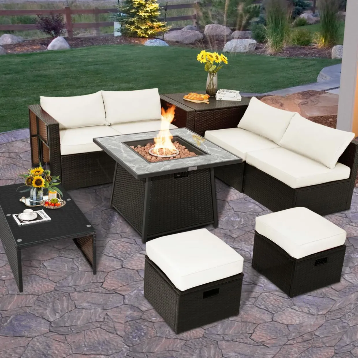 Tangkula 9 Pieces Outdoor Patio Furniture Set with 35-Inch Propane Fire Pit Table