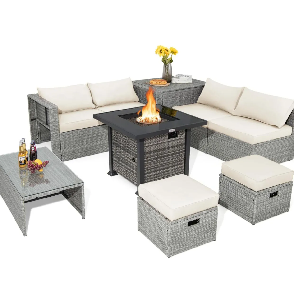 Tangkula 9 Pieces Outdoor Patio Furniture Set with 32-Inch Propane Fire Pit Table