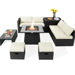 Tangkula 9 Pieces Outdoor PE Rattan Sectional Sofa with 35-Inch Gas Fire Pit Table
