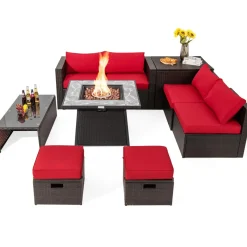 Tangkula 9 Pieces Outdoor Patio Furniture Set with 35-Inch Propane Fire Pit Table