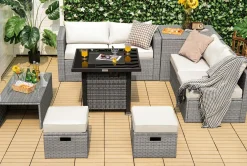 Tangkula 9 Pieces Outdoor Patio Furniture Set with 32-Inch Propane Fire Pit Table
