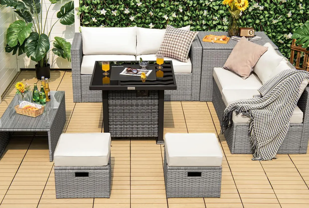 Tangkula 9 Pieces Outdoor Patio Furniture Set with 32-Inch Propane Fire Pit Table
