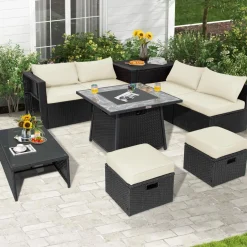 Tangkula 9 Pieces Outdoor PE Rattan Sectional Sofa with 35-Inch Gas Fire Pit Table