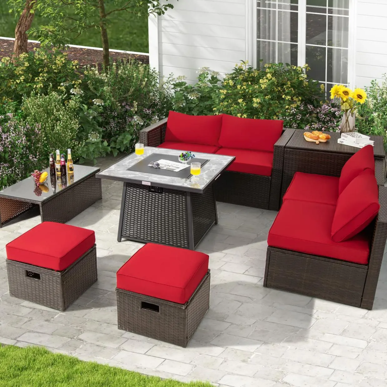 Tangkula 9 Pieces Outdoor Patio Furniture Set with 35-Inch Propane Fire Pit Table