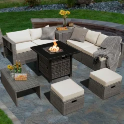Tangkula 9 Pieces Outdoor Patio Furniture Set with 32-Inch Propane Fire Pit Table