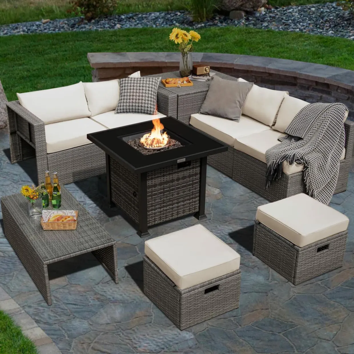 Tangkula 9 Pieces Outdoor Patio Furniture Set with 32-Inch Propane Fire Pit Table