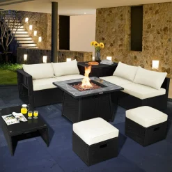 Tangkula 9 Pieces Outdoor PE Rattan Sectional Sofa with 35-Inch Gas Fire Pit Table