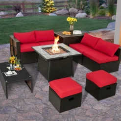 Tangkula 9 Pieces Outdoor Patio Furniture Set with 35-Inch Propane Fire Pit Table